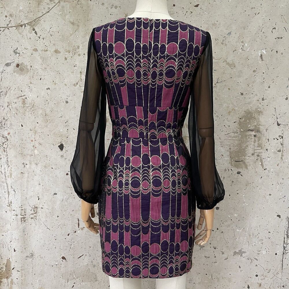 Trina Turk 60’s Style Op-Art Pattern Dress With Silk Chiffon Sleeves, Small - Picture 3 of 9